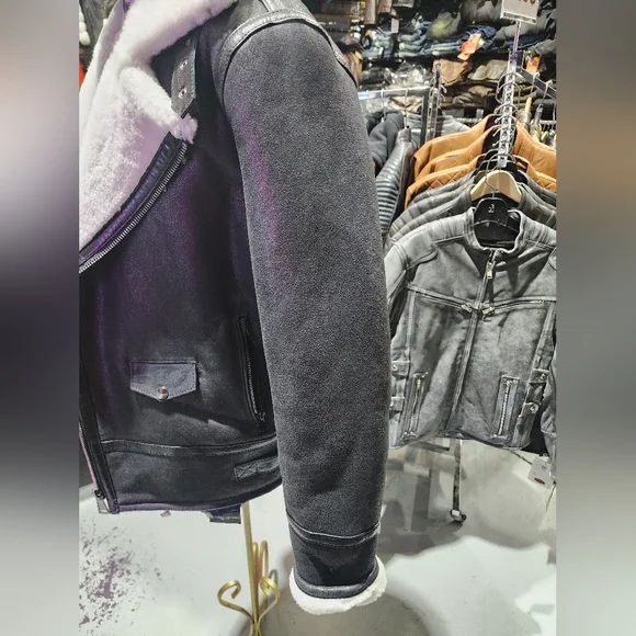 La CANADIENNE Black and White Military Field Jacket with Shearling Collar - Picture 3 of 4